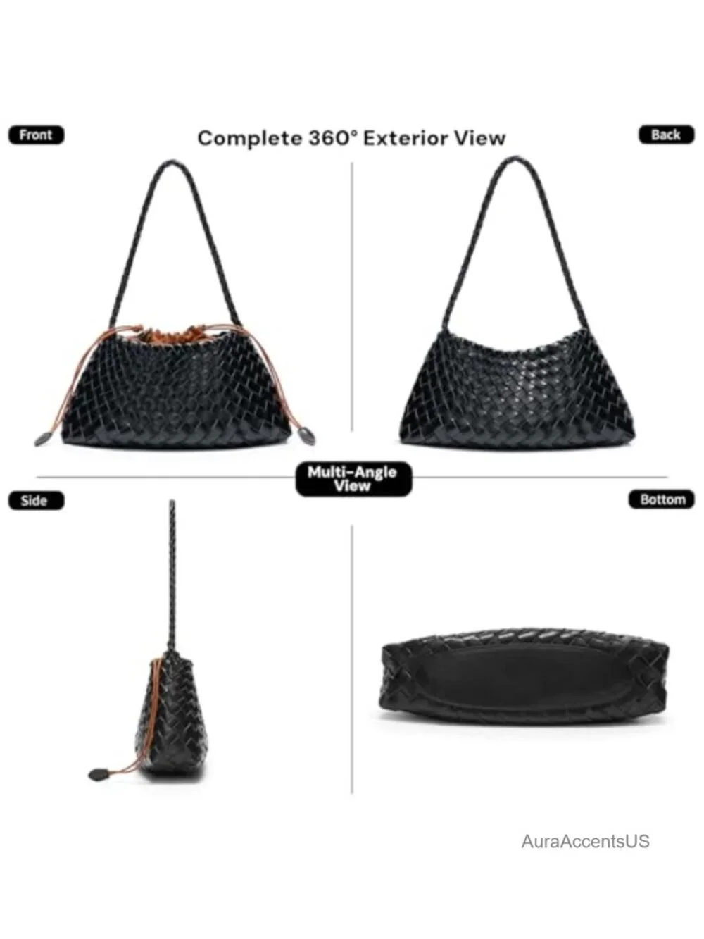 Vegan Leather Woven Hobo Shoulder Bag with Drawstring Pouch